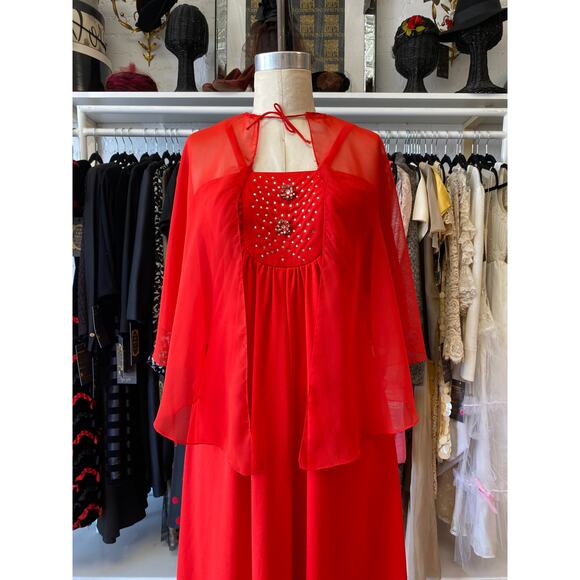 vintage 1970s red maxi dress with rhinestones and chiffon cape, s/m, mod holiday - Picture 2 of 10